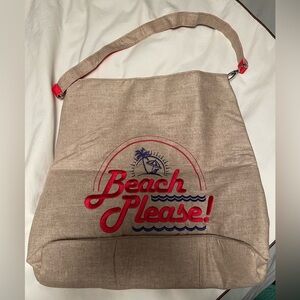 Beige Beach Please Tote Bag with Red and Blue Embroidery